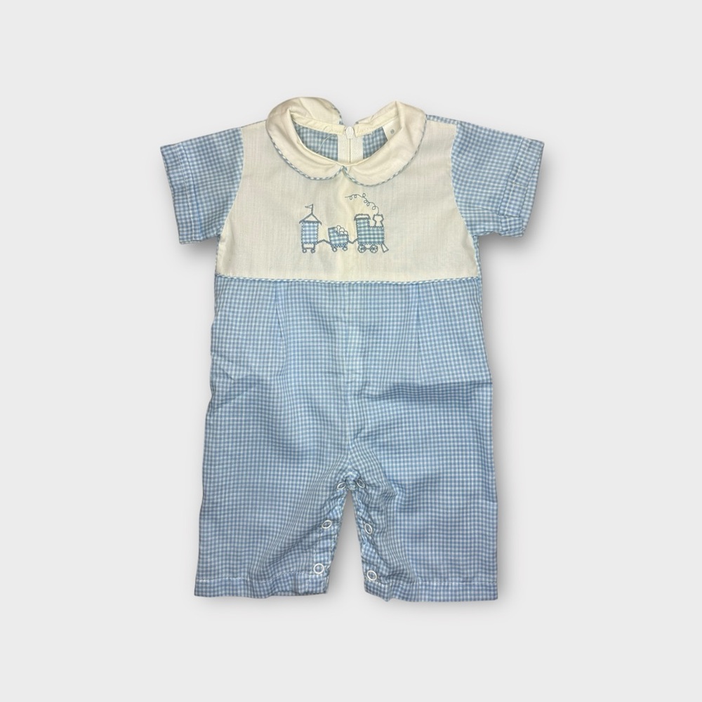 Alexis Vintage Blue & White Gingham Plaid Train Romper